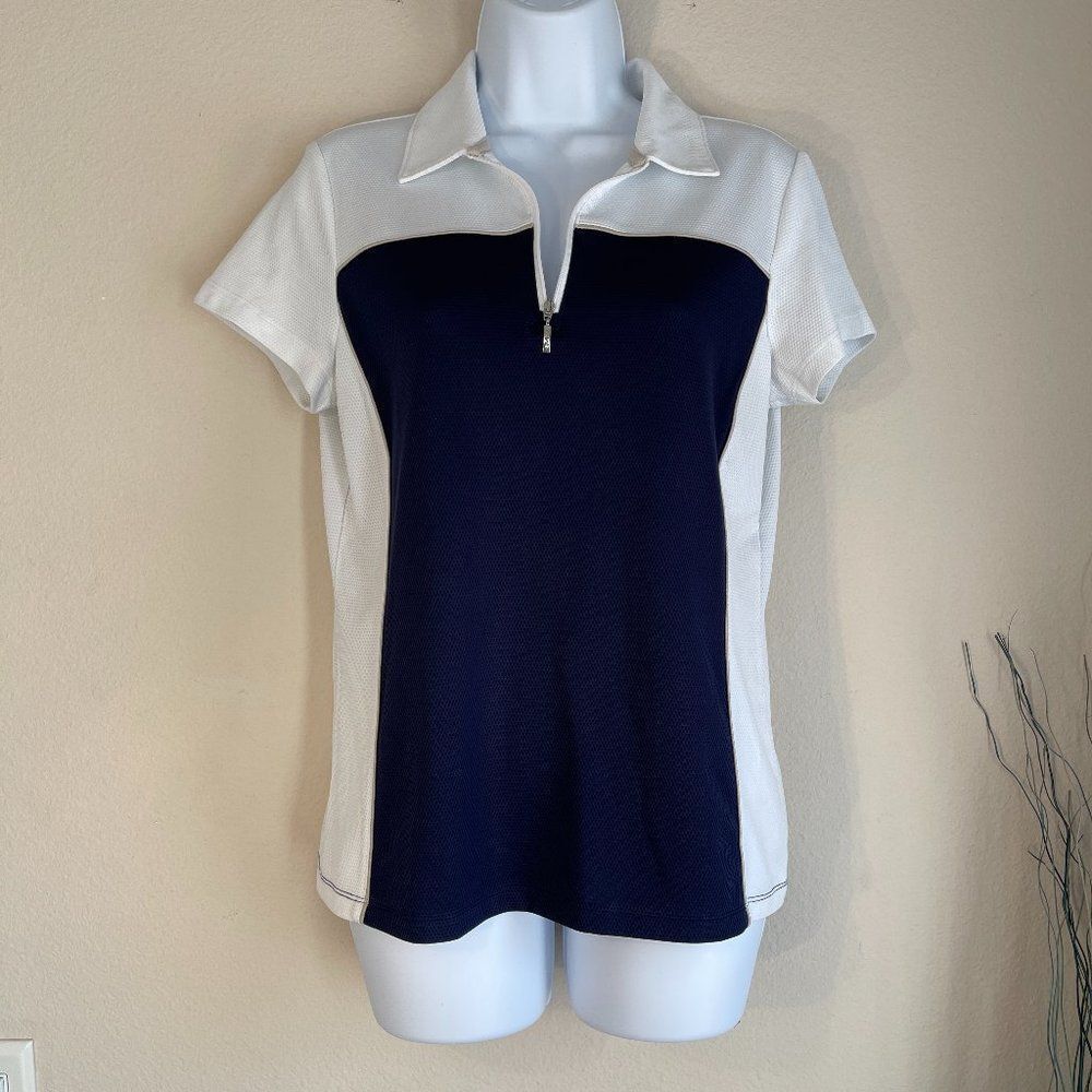 IZOD Golf Quarter Zip Polo Shirt Womens M Navy White Colorblock